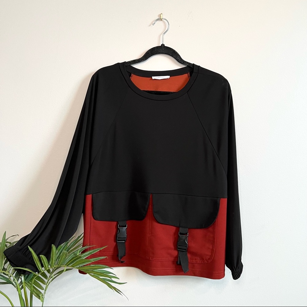 ZARA Basic Long Sleeve with Pockets in Black + Burnt Orange